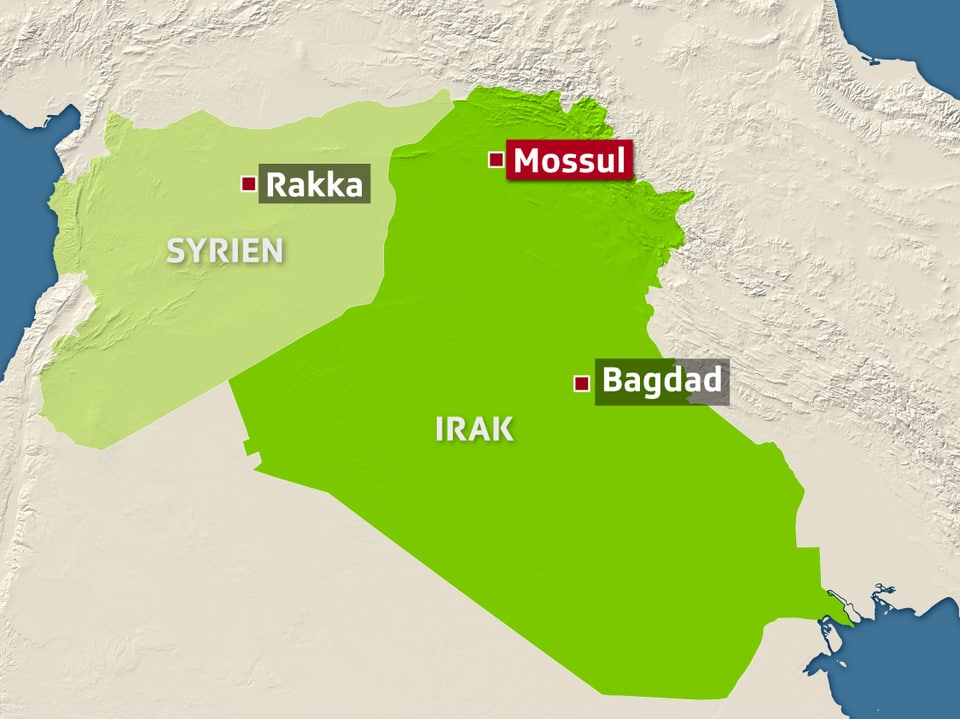 Landkarte mit Syrien und Irak, darauf die Städte Rakka, Bagdad und Mossul.