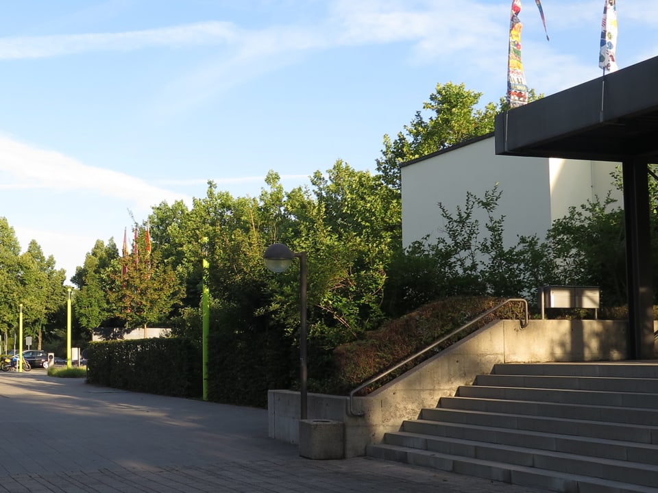 Treppe zum Schuleingang, daneben eine grüne Hecke
