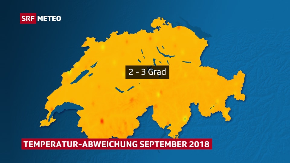 Orange eingefärbte Schweizerkarte mit der Temperatur-Abweichung im September 2018.