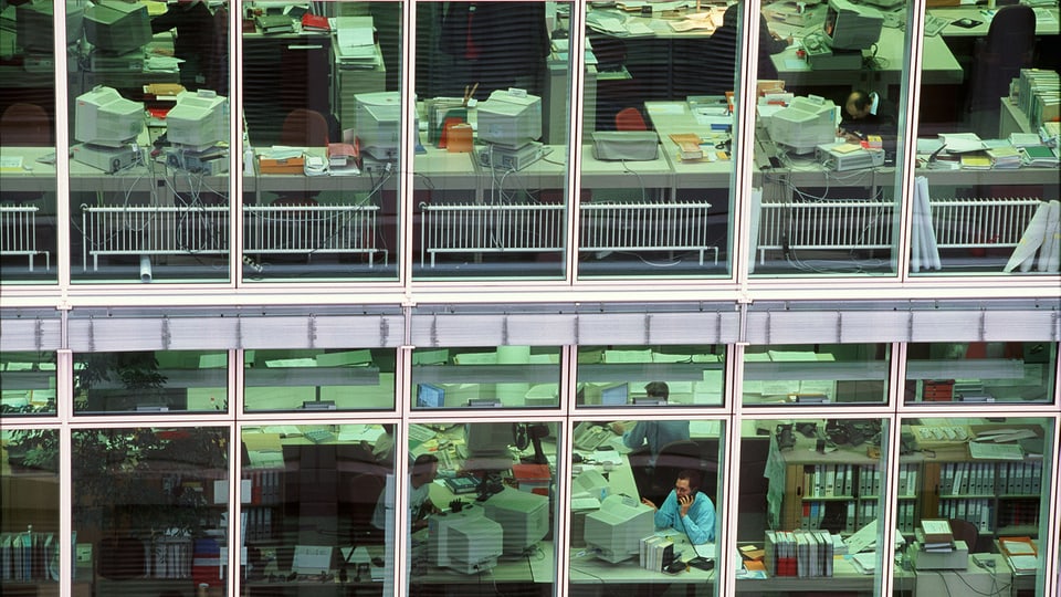 Einblick in ein Grossraumbüro durch eine Fensterfront.