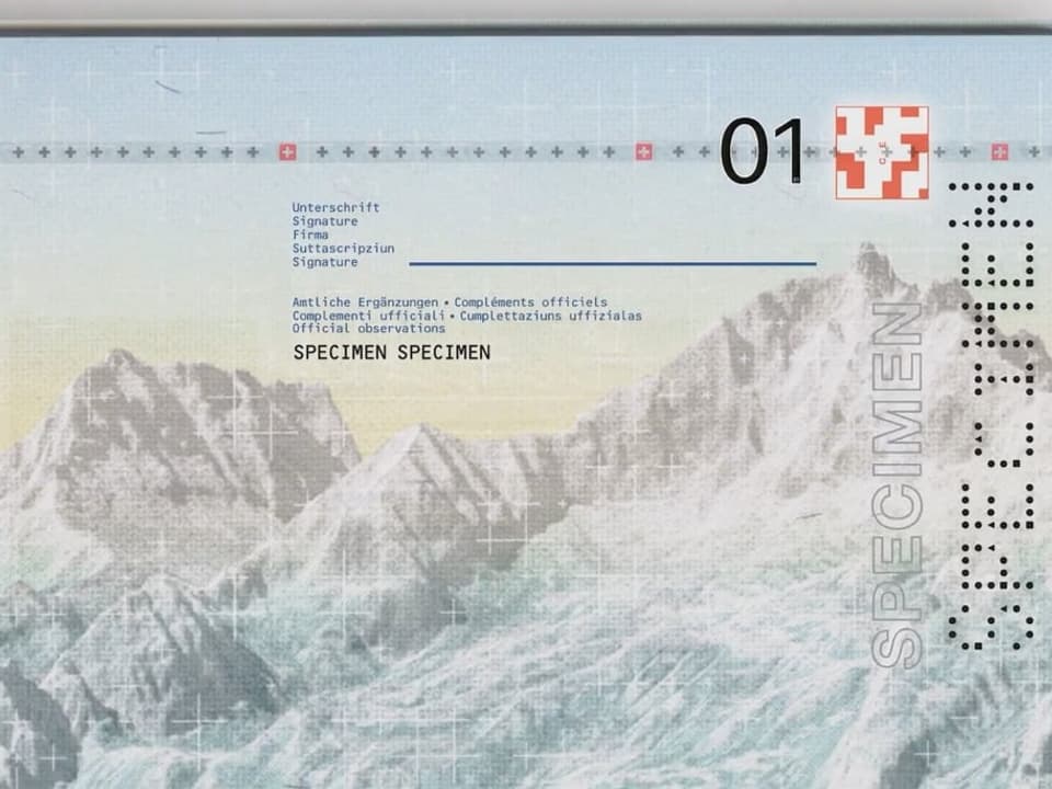 Një faqe në pasaportën zvicerane nën dritë normale.  Temat kryesore të dizajnit janë malet dhe uji.