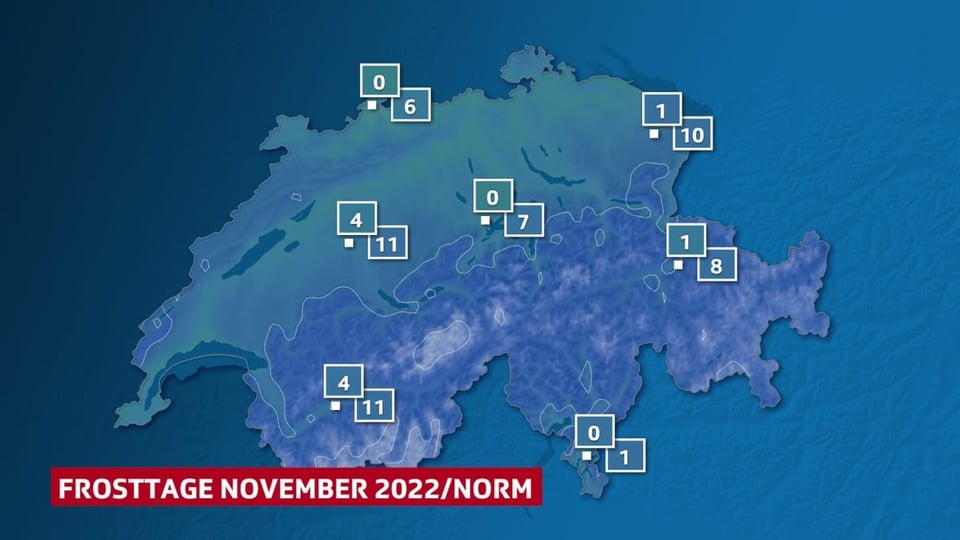 Schweizerkarte mit je den Anzahl Frosttagen diesen November im Vergleich zur Norm. Es waren viel weniger. 