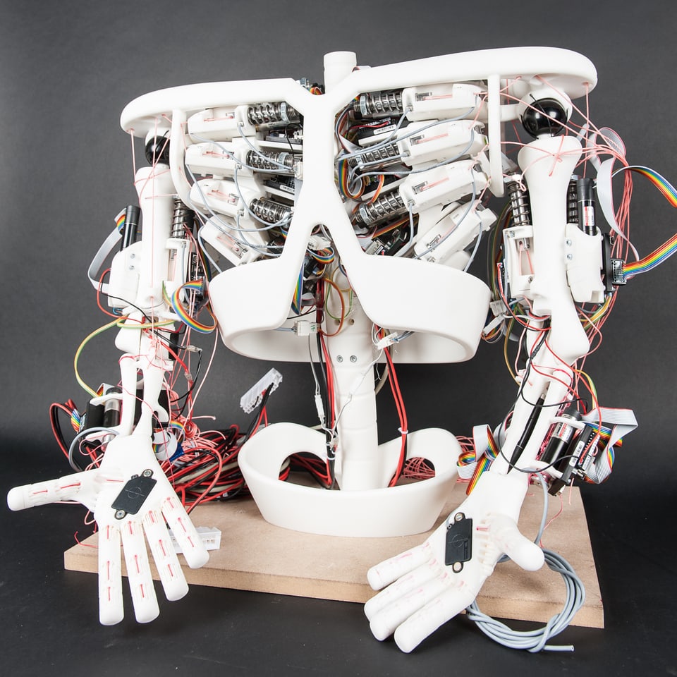 Das Innenleben von Roboter Roboy zeigt viele Drähte, die miteinander verkabelt sind und Computerchips.