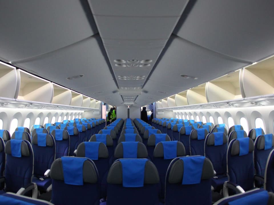 Graublaue Sitze in drei Dreier-Sitzreihen: der Dreamliner von innen.