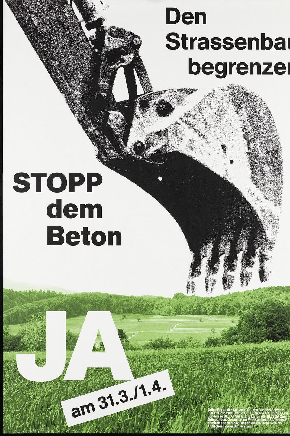 Plakat für eine Volksiniative: Eine graue Baggerschaufel zerstört eine grüne Wiese