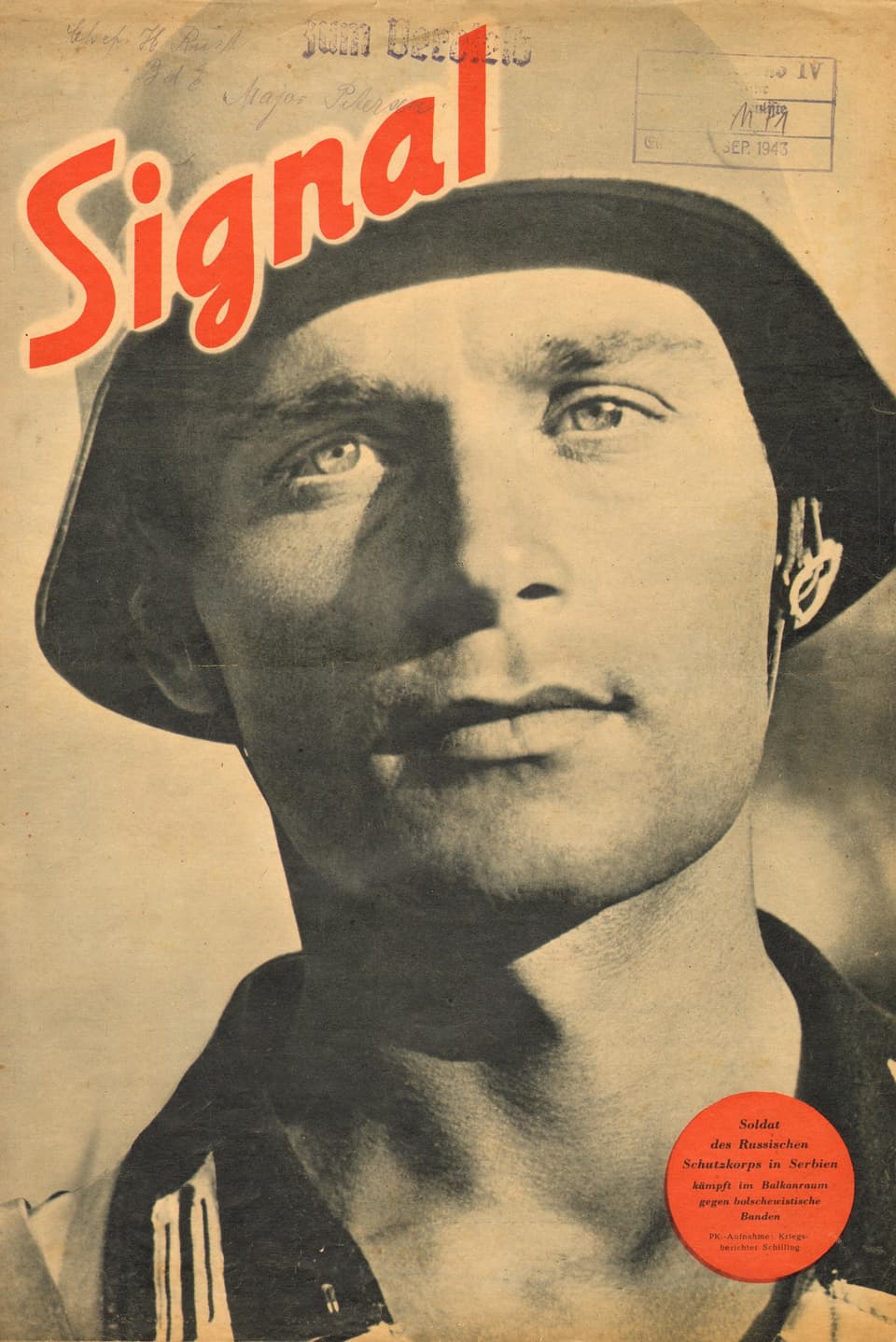 Titelblatt einer alten Zeitschrift: Das Foto zeigt das verträumte dreinschauende Gesichte eines Soldaten. Darüber in Rot der Titel "Signal"