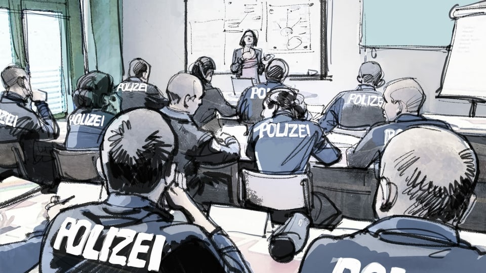 Illustration: Polizisten sitzen im Unterricht