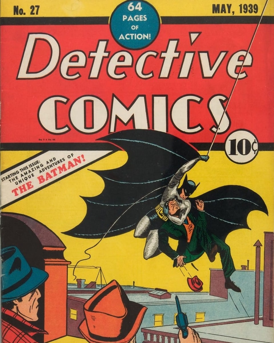 Titelseite eines Comichefts: Batman schwingt sich an einem Seil und greift einen Mann