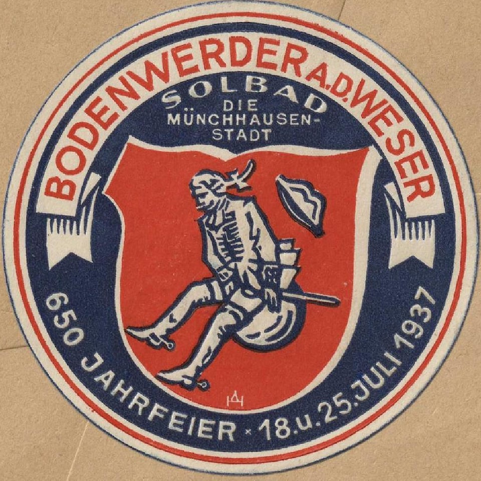 Eine rot-blaue Briefverschlussmarke zeigt eine Zeichung von Münchhausen, wie er auf einer Kanonenkugel sitzt.
