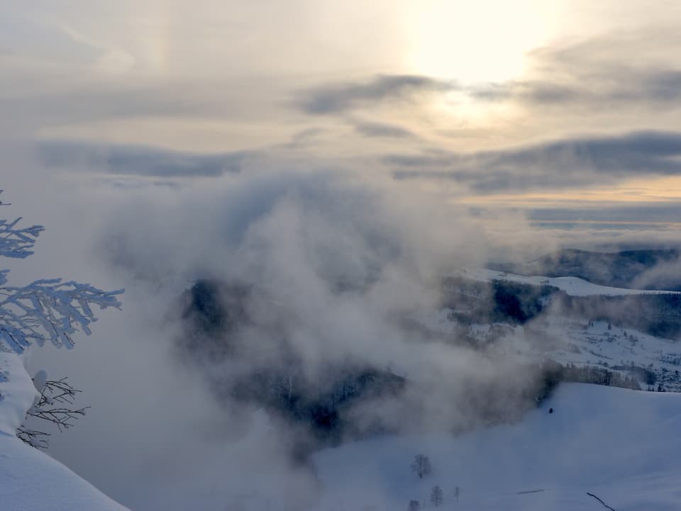 Blick vom Passwang hinab aufs Nebelmeer. Winterliche Stimmung.