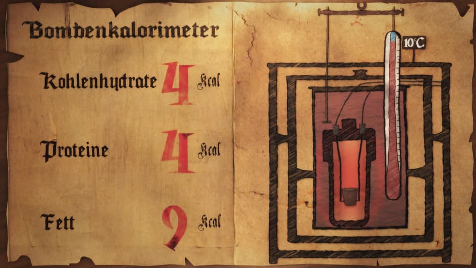 Grafik mit einem Bombenkalorimeter und den Kalorienangaben für 1 Gramm Kohlenhydrate, Proteine oder Fett