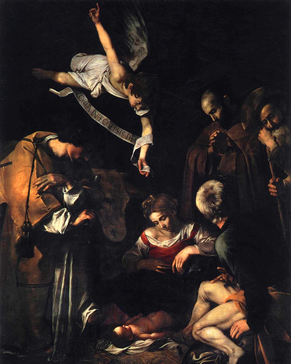 Gemälde mit Maria, Jesus als Baby sowie diversen Figuren inklusive ein Engel, die um Mutter und Kind stehen.
