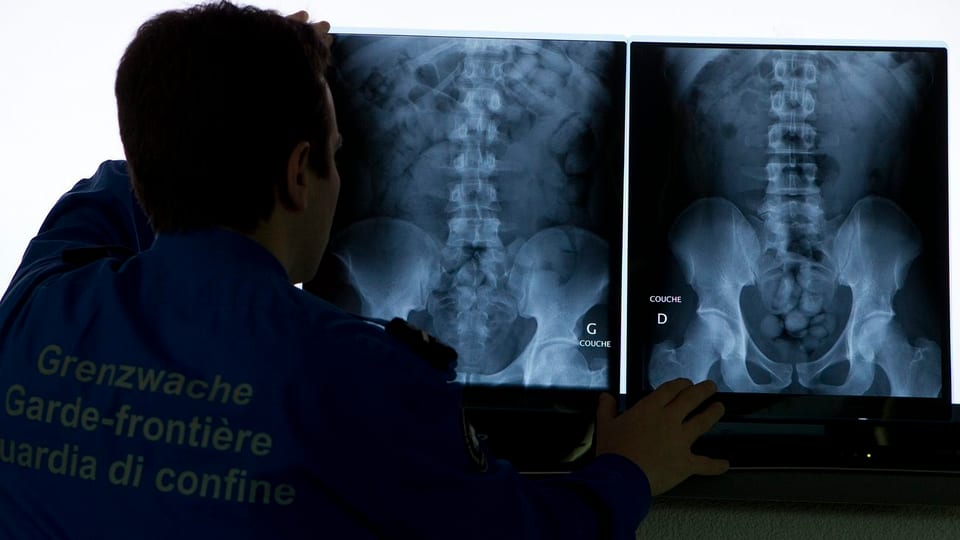 Ein Grenzwächter schaut sich ein Röntgenbild an. Das Röntgenbild zeigt sehr viele Bodypacks.