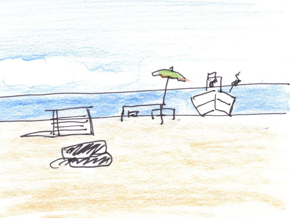 Zeichnung eines Strandes mit Sonnenschirm und einem Boot im Wsser.