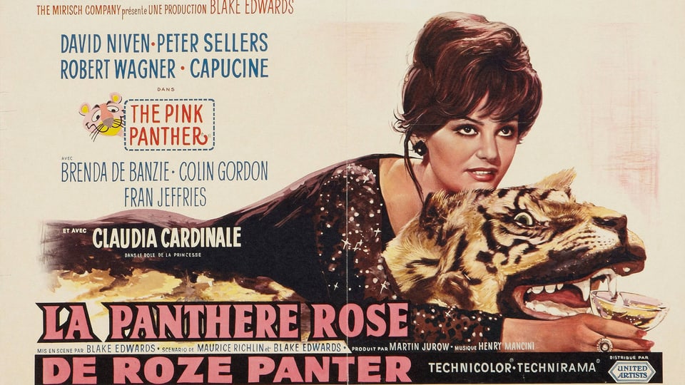 Filmplakat zum Film Pink Panther von 1963, mit einer Frau, die einen ausgestopften Tiger umarmt