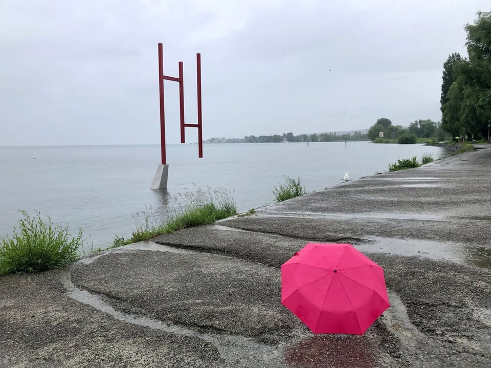 Regenschirm am Boden vor See