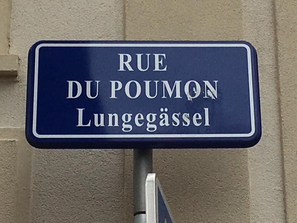 Auf einem Strassenschild steht «Rue du Poumon, Lungegässel».