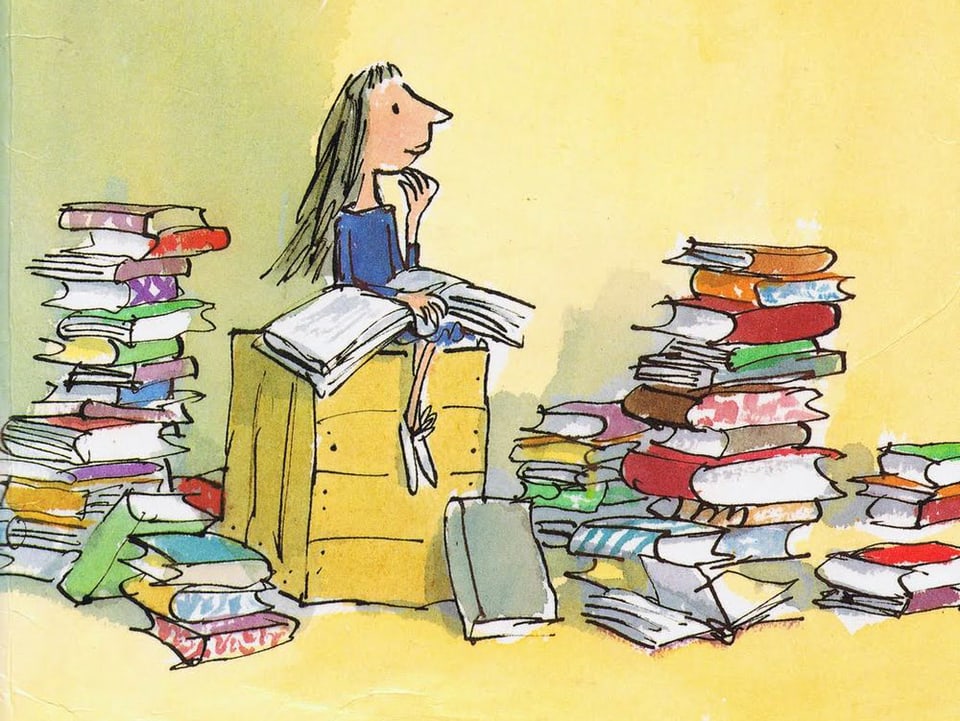 Illustration: Ein Mädchen sitzt auf einer Holzkiste, umgeben von Büchern.