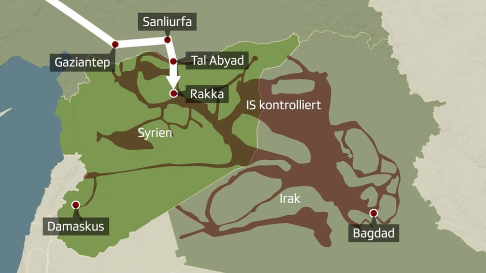 Karte von Syrien und Irak mit Gebieten unter IS-Kontrolle und wichtigen Städten.