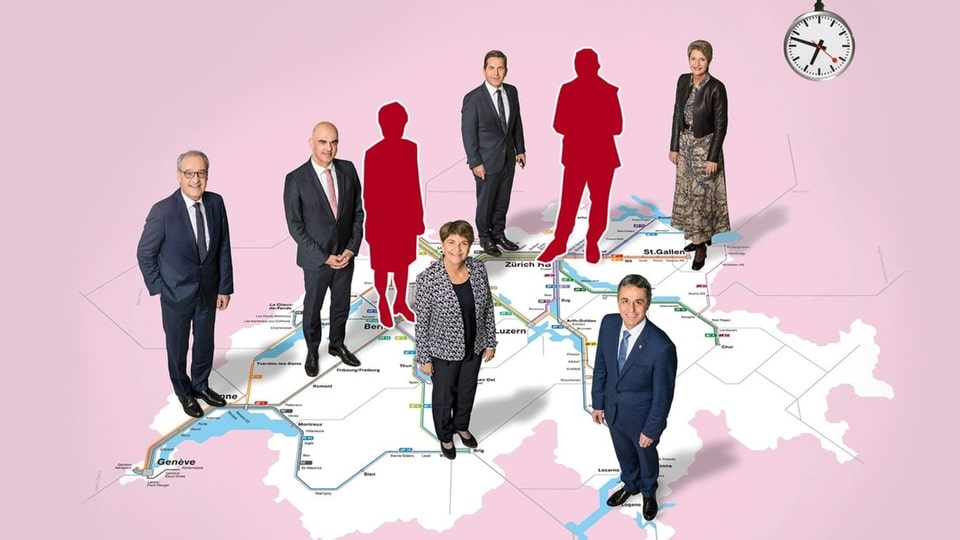 Die Mitglieder des Bundesrats stehen auf einer Schweizer Karte.