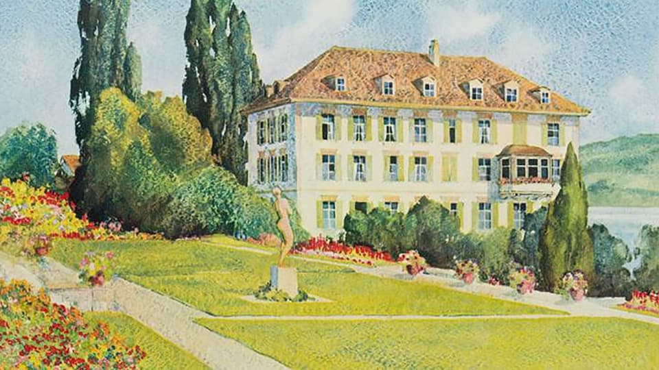 Ein Gemälde eines schönen Herrenhauses am See mit Garten.