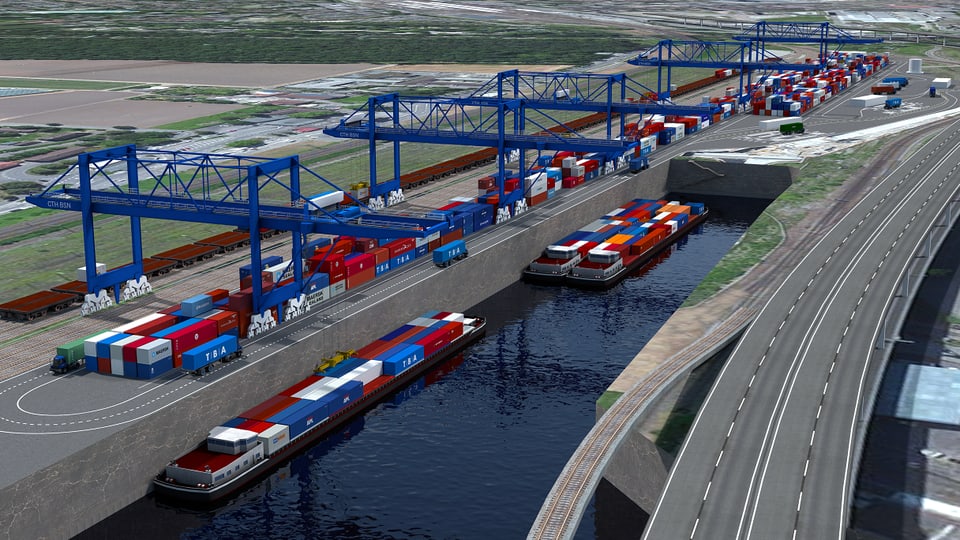 Computerbild mit einem neuen Rheinhafen und einer Umladestation Strasse/Schiene
