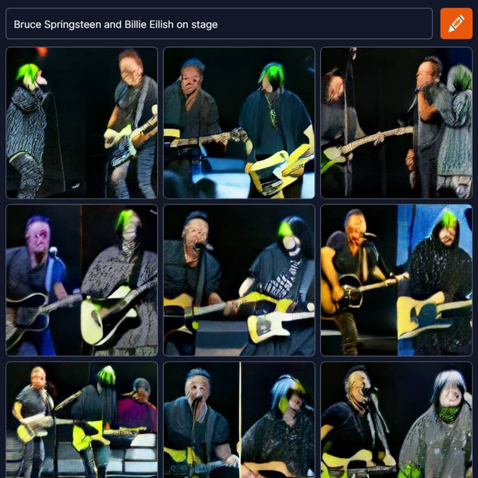Computergeneriertes Bild von Billie Eilish mit Bruce Springsteen auf der Bühne