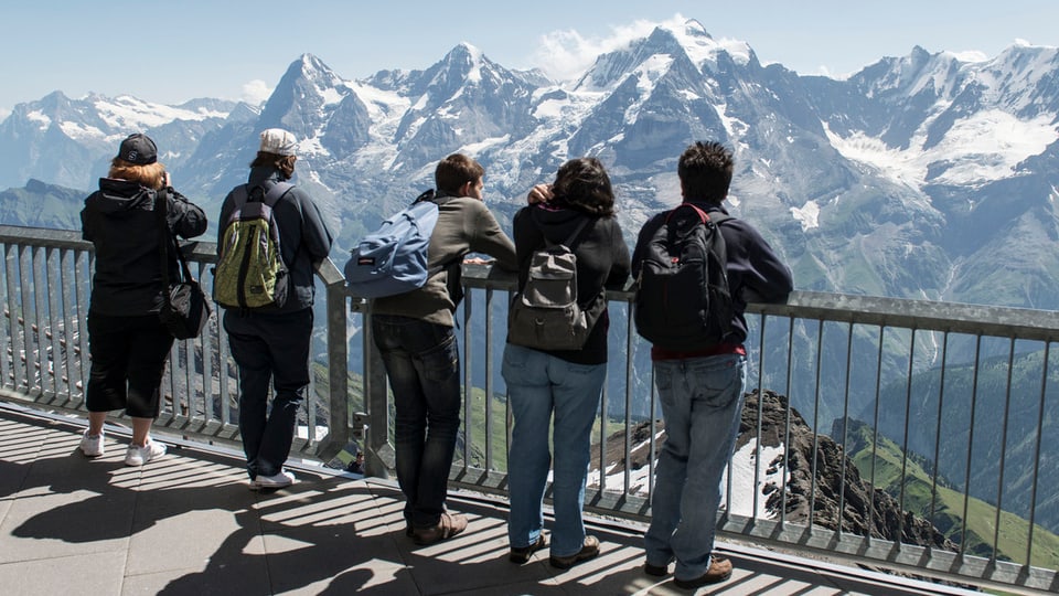 Fünf Touristen schauen auf Schweizer Berge.