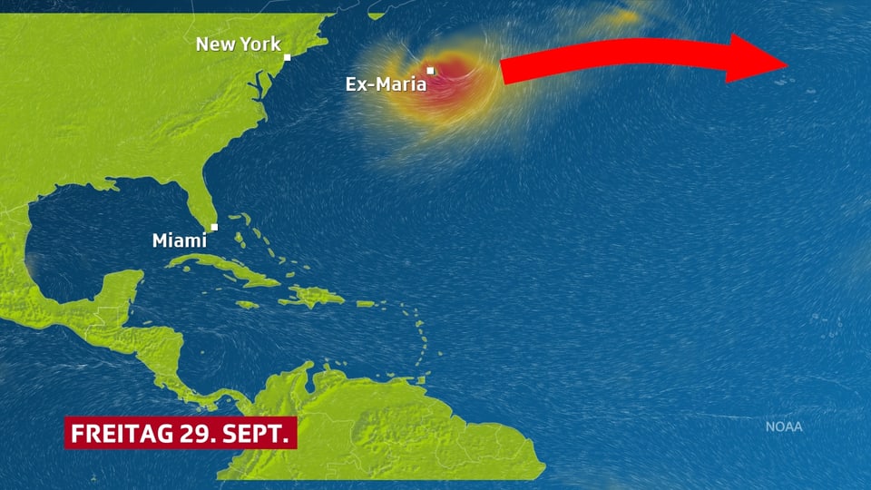 Eine Windkarte zeigt den Nordatlantik und die Zugbahn des Ex-Hurrikanes Maria nach Europa.