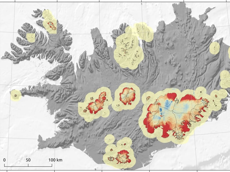 eine Karte von Island, wo die schwindenden Gletscher rot eingezeichnet sind