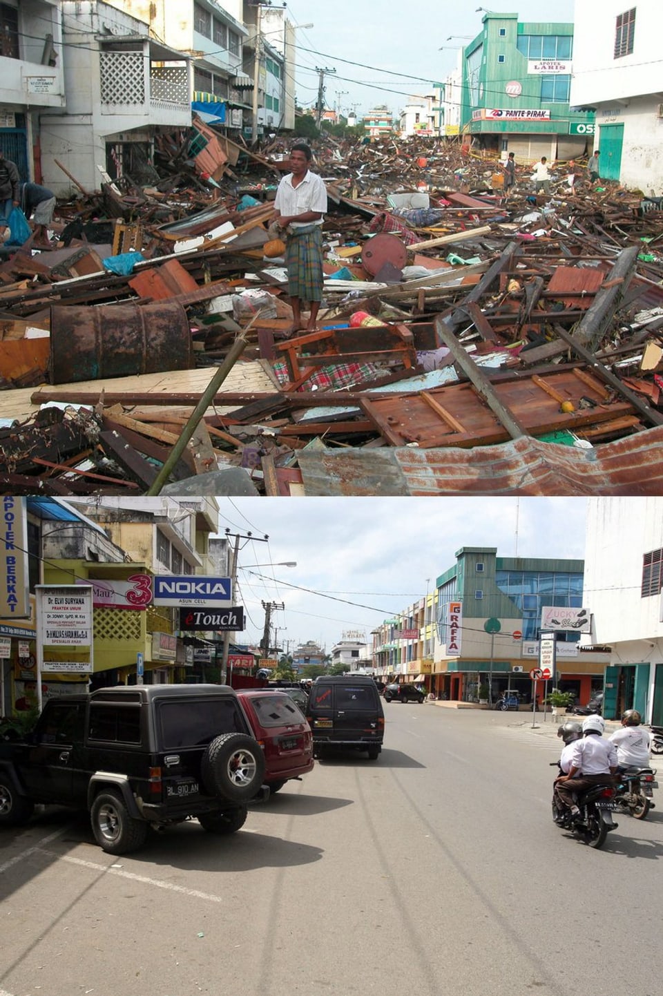 Peunayong-Quartier, Banda Aceh, Indonesien am 26. Dezember 2004 und 19. Dezember 2009. (keystone)
