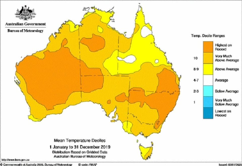 Ein Karte von Australien mit frabigen Flächen zur Temperatur.