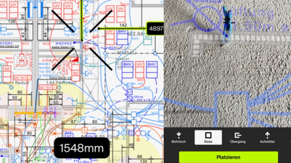 Zwei Screenshots eines Handys: Digitaler Gebäudeplan, daneben eine Überlagerung der Daten in einem Raum (AR).
