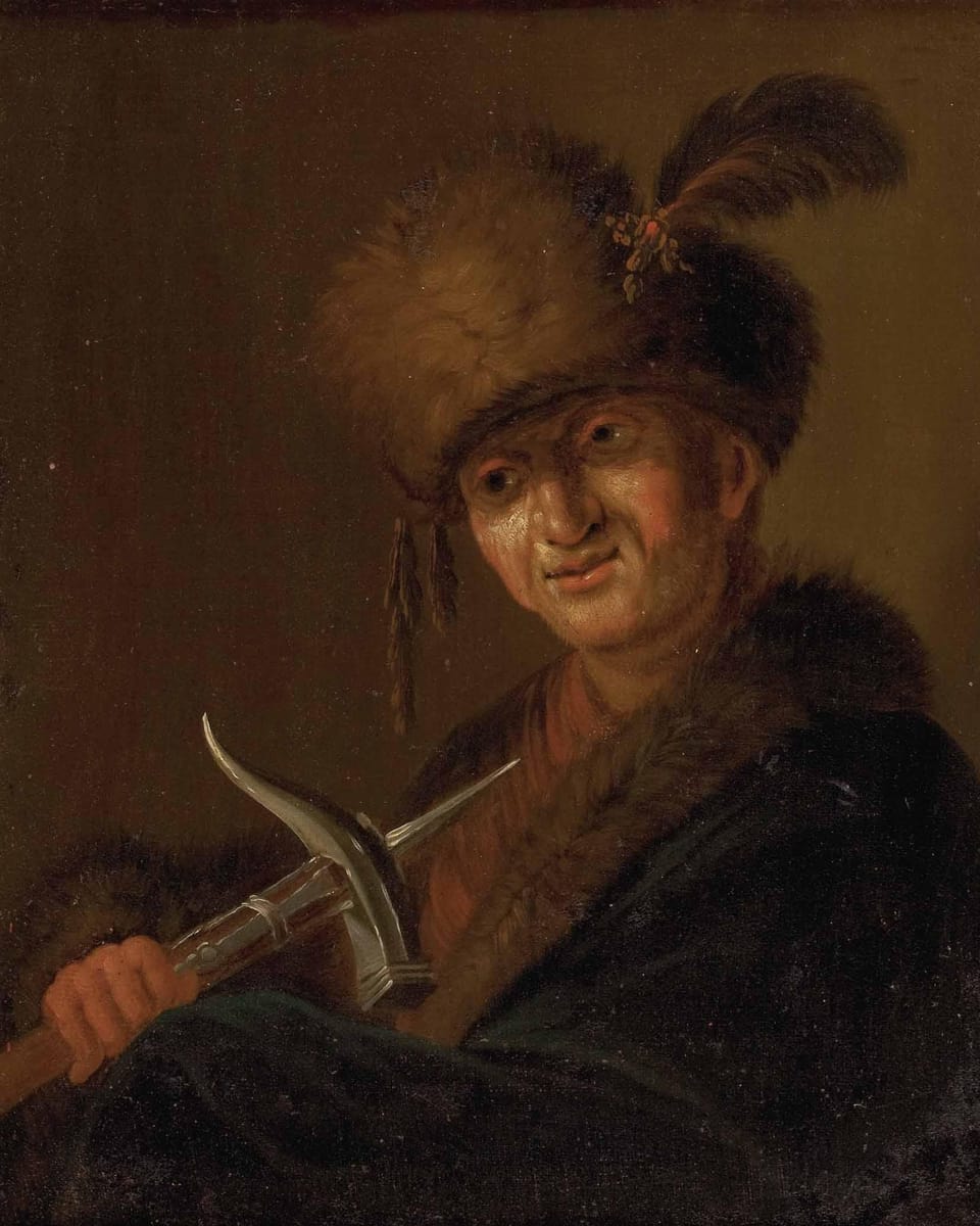 Gemälde mit einem Luzerner Hammer, an dessen Spitze ein scharfer Haken, ein Hammer und ein Spiesseisen angebracht war.