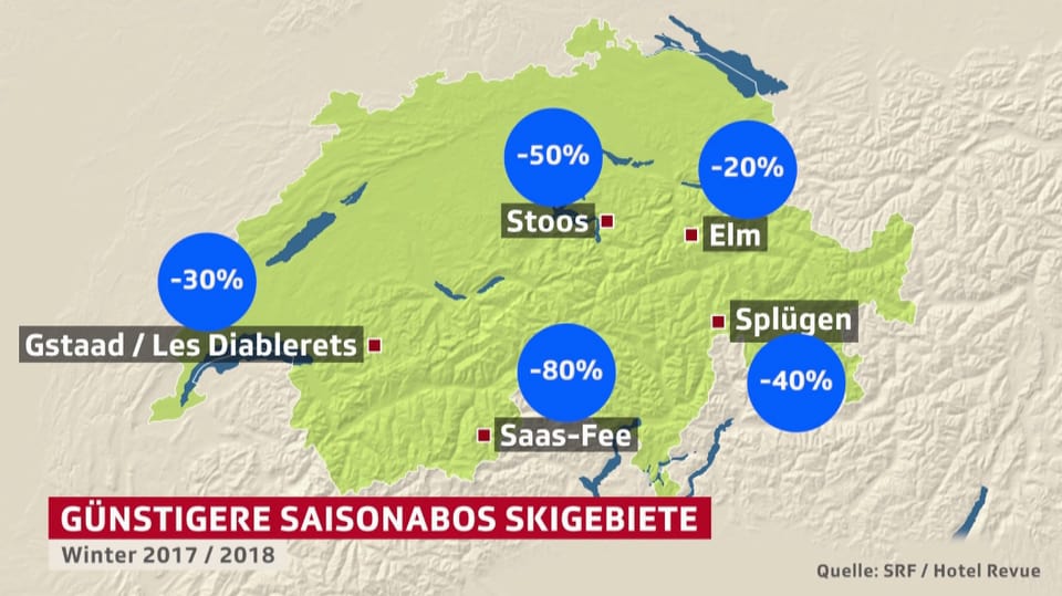 Schweizer Karte mit Skigebieten, die Rabatte anbieten.