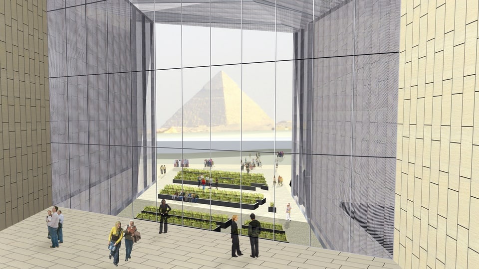 Computeranimation zum Grand Egyptian Museum mit Blick auf Pyramiden von Gizeh. 
