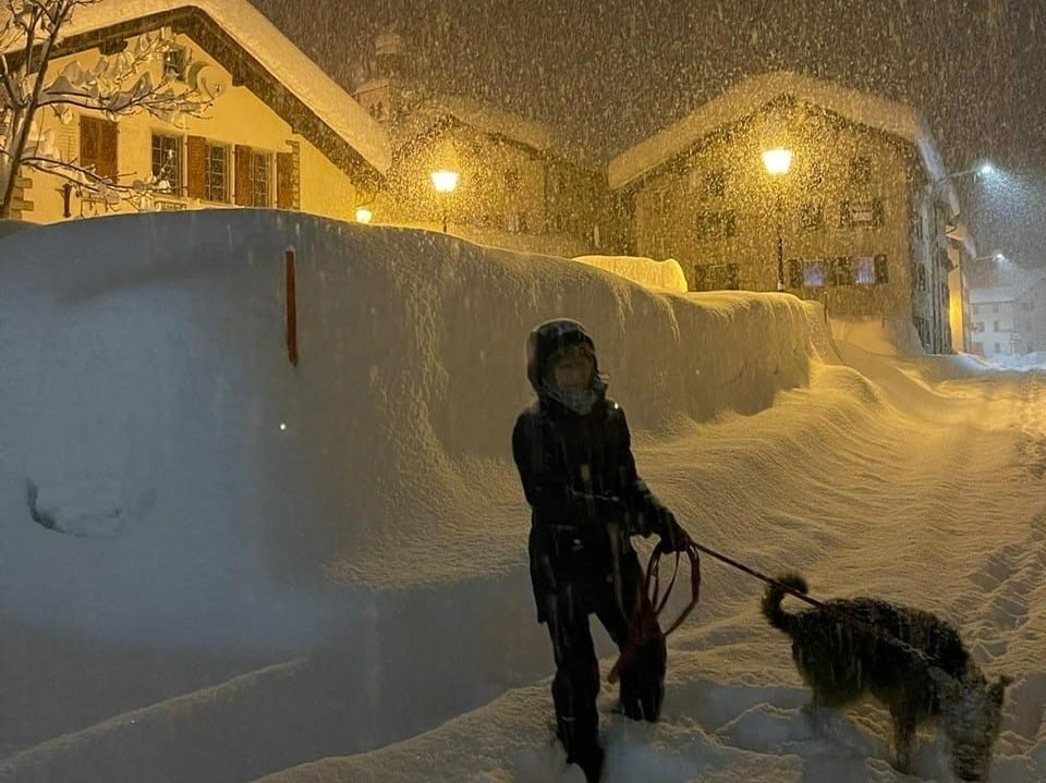 Frau mit Hunde auf verschneiter Strasse.