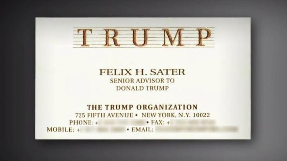 Visitenkarte, die Sater als Trumps Senior Advisor ausweist