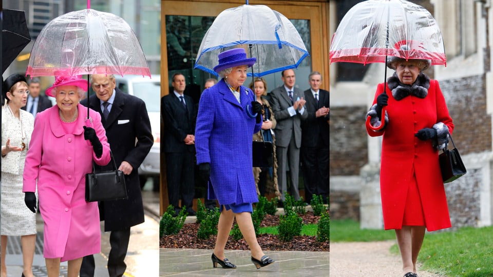 Eine Collage aus drei Bildern der Queen. Auf jedem trägt sie einen transparenten Schirm der passend zum pinken, blauen oder roten Kleid, in der gleichen Farbe umrandet ist. 