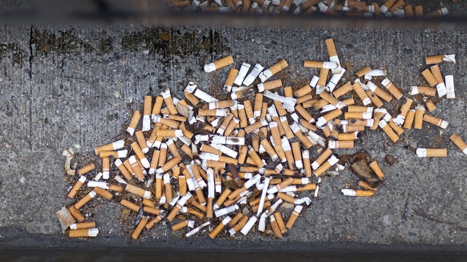 Zigarettenstummel liegen auf der Strasse in einem Haufen herum.