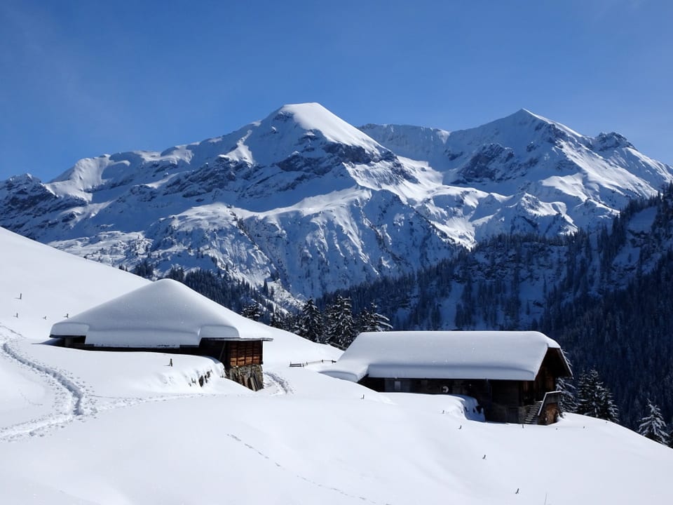 Hang mit viel Schnee und zwei Alphütten mit ziemlich Schnee auf dem Dach. Im Hintergrund Schneeberge und blauer Himmel.
