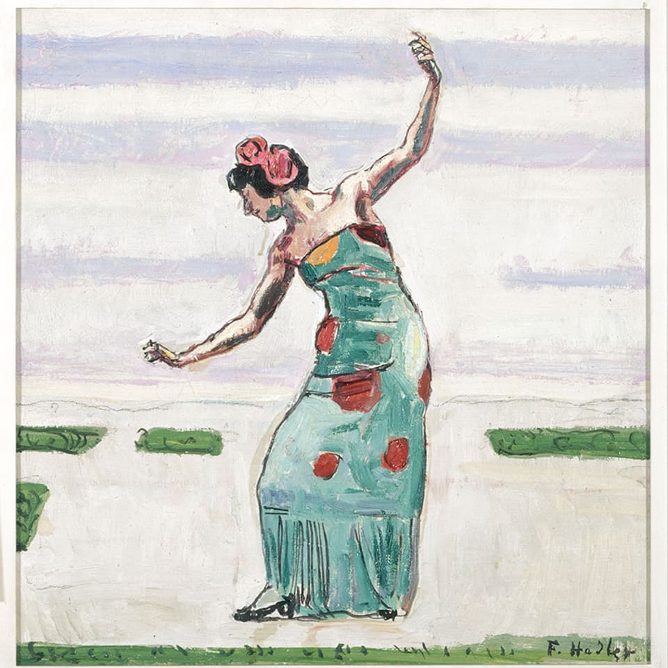 Man sieht das Gemälde die «Tänzerin» von Ferdinand Hodler: eine Frau in langem hellblauen Kleid mit roten Punkten, die ihre Arme in die Luft streckt.