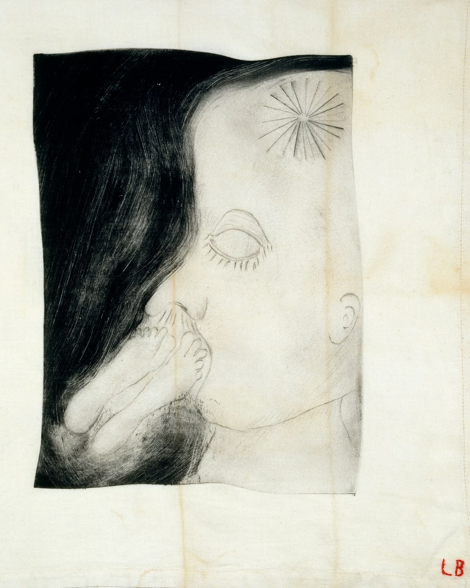 Zeichnung: Frau, der Füssen ins Gesicht gestreckt werden.