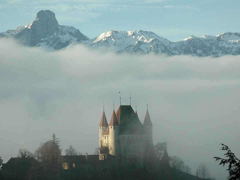 Das Schloss Thun im Nebel.