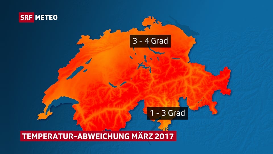 Schweizer Karte, Orange Farbtöne, darauf die die Temperaturabweichung