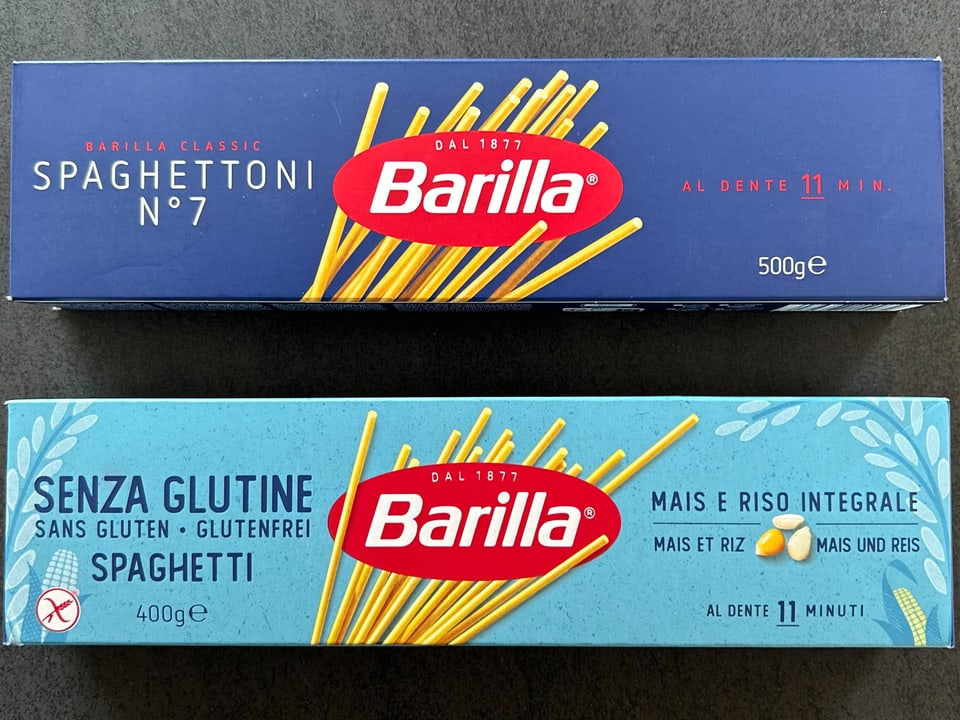 Zwei Packungen Barilla-Spaghetti mit und ohne Gluten