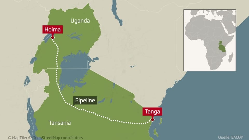 Die Pipeline ist auf einer Karte eingezeichnet. Darauf sieht man die Länder Tansania und Uganda.