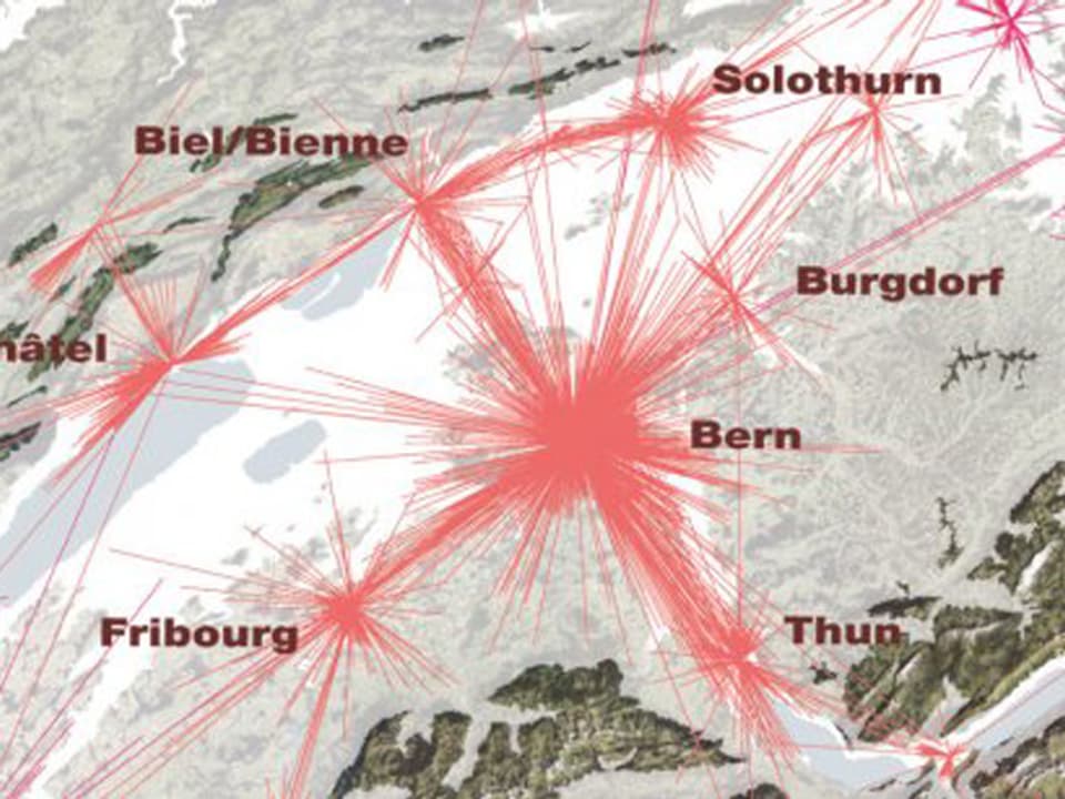Städtebauliche Karte der Westschweiz mit dem Ballungszentrum Bern.