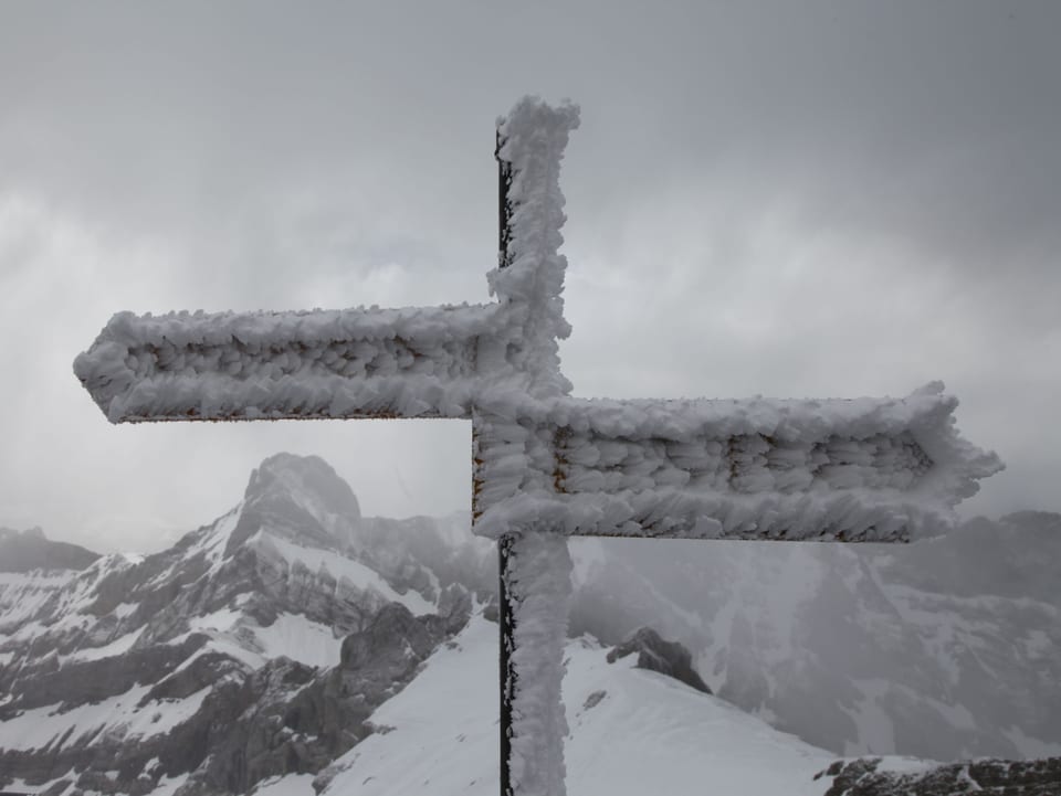 Verschneite Wegweiser vor Bergpanorama.