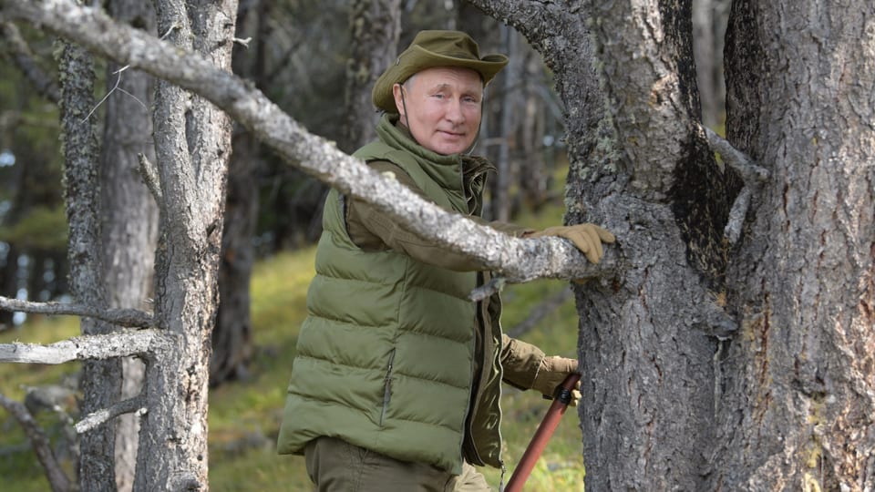 Wladimir Putin in der sibirischen Taiga stützt sich an einem Nadelbaum ab.